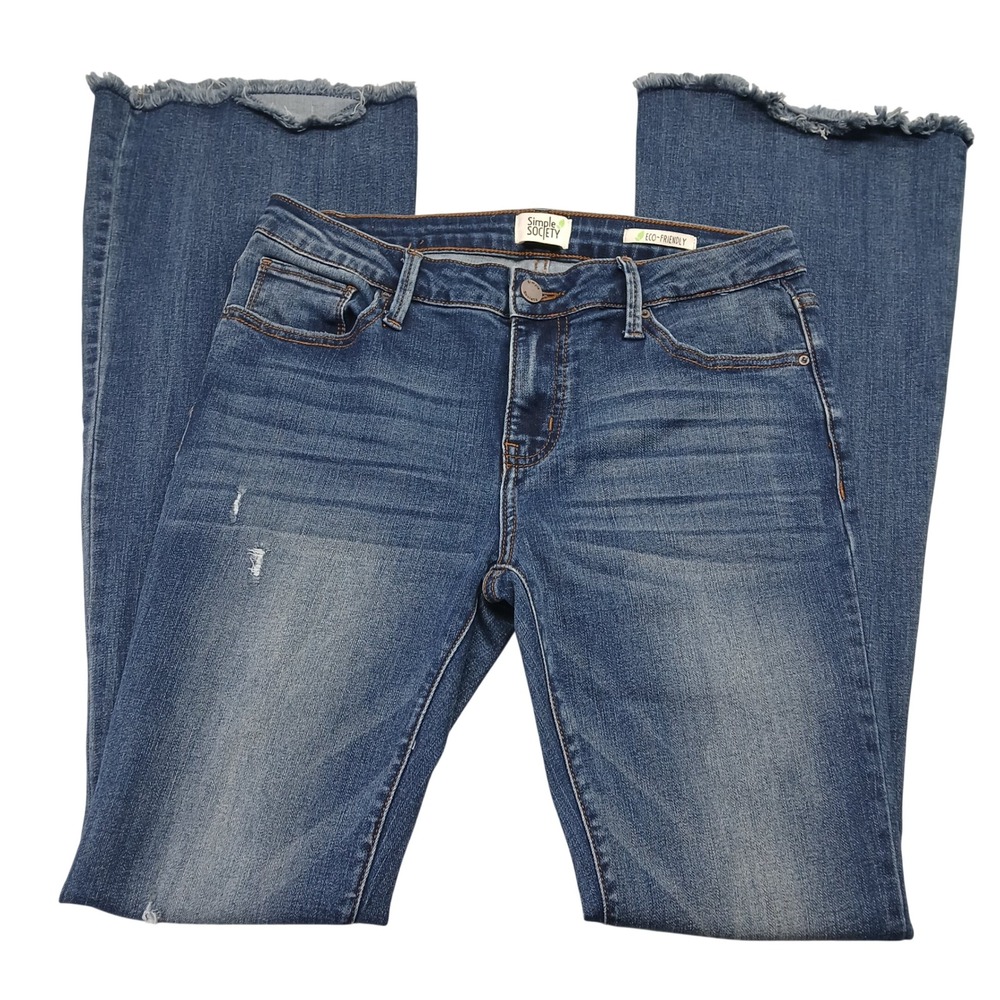 Simple Society Womens Eco‎ Friendly Flare Jeans Distressed Frayed Hem Blue 7/28